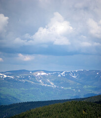 Spring mountains in the snow on the background of a green forest