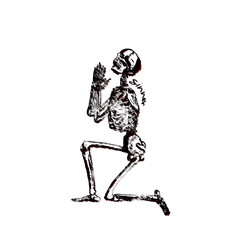 illustration of skeleton praying with the word sinner.