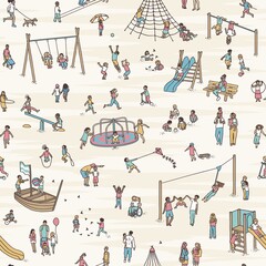 Seamless banner with hand drawn tiny children playing, running and having fun at the playground - 440333969