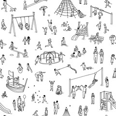 Seamless banner with hand drawn tiny children playing, running and having fun at the playground