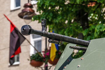 Anti aircraft machine gun mounted on an armored vehicle.machine gun barrel.Military action in the world.