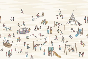 Seamless pattern with hand drawn tiny children playing, running and having fun at the playground - 440333994