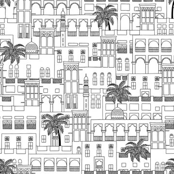Hand drawn seamless pattern of Middle Eastern old houses, Al Seef Dubai
