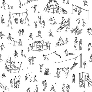 Seamless banner with hand drawn tiny children playing, running and having fun at the playground