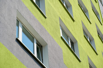Facade of a renovated prefabricated building in the Neustadt district of Magdeburg in Germany