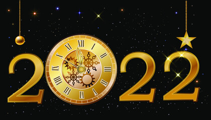 Happy new year 2022. Golden numbers with confetti on a dark blue background. Holiday greeting card design.