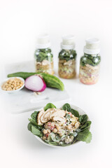 Food Preparation for Healthy Greek Salad in a Jar