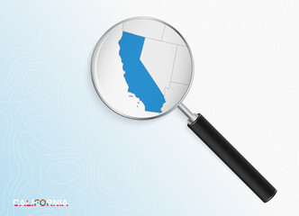 Magnifier with map of California on abstract topographic background.