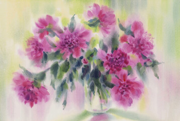 A bouquet of pink peonies in vase watercolor background