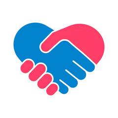 Hands shake, heart and help symbol. Handshake icon. Man and woman communication, lover couple. Partner agreement. Sign contract, partnership, peace. Vector