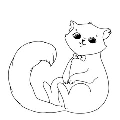 Cute kitten with a bow. Simple drawing coloring book with a cat for Halloween. Vector illustration isolated on white background.