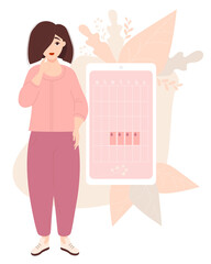 The girl looks at the womens calendar. Beautiful modern thoughtful woman, stands near the calendar of female health and menstruation on the phone screen. Vector illustration. Womens health concept