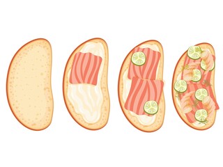 Sandwich with butter and red fish. Slices of salmon and cucumber. Bruschetta. Healthy food recipe. Vegetarianism. Simple drawing in cartoon style. Vector illustration.