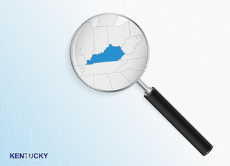 Magnifier with map of Kentucky on abstract topographic background.