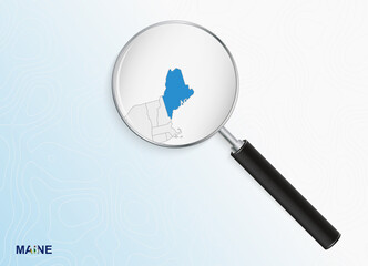 Magnifier with map of Maine on abstract topographic background.