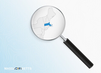 Magnifier with map of Massachusetts on abstract topographic background.