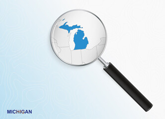 Magnifier with map of Michigan on abstract topographic background.