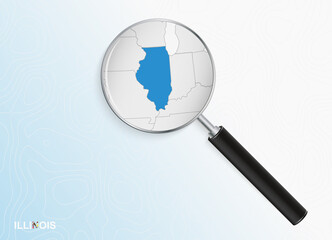 Magnifier with map of Illinois on abstract topographic background.