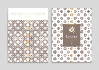 Luxury invitation card design with beige pattern and decorative golden elements. Vector template. Great for flyer, menu, brochure, postcard, background, wallpaper, decoration or any desired idea.