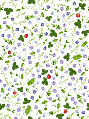 Vector EPS 10 seamless pattern - memories of summer meadow, hot sun and ripe strawberries among small blue and violet flowers in fresh grass at the forest edge, make it in the natural size of elements