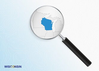 Magnifier with map of Wisconsin on abstract topographic background.