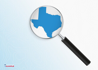 Magnifier with map of Texas on abstract topographic background.