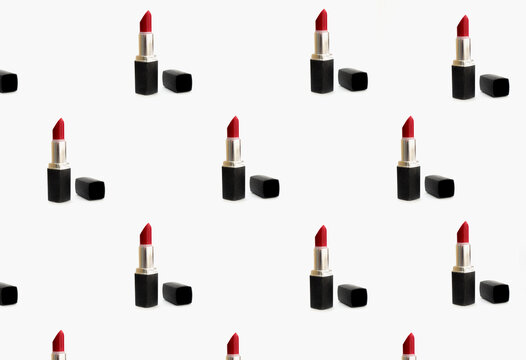 Red lip lipstick isolated on white background. Acrylic painting. Handwork makeup art. Pattern for design