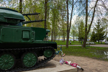 Close-up of tank parts, iron wheels, tank track, tank undercarriage, metal wheels of combat power