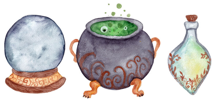 Watercolor witch set for Halloween. Magic cauldron, divination ball, bottle with elixir isolated on white background. Halloween decor items.