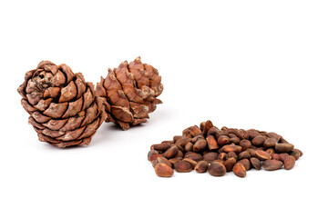 Pine nuts and ripe pine cones on a white background
