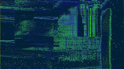 Green blue digital glitched abstract texture of TV signal glitch error and pixel sorting effect in colorful psychedelic colors. 3D illustration of pixelated video damage chaos and cyberpunk background