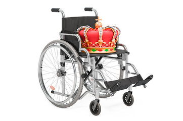 Manual wheelchair with golden crown, 3D rendering