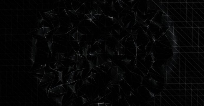 Mesh polygonal dark waves spreading over surface. Geometric 3d render deforming patterns diverging from center. Dynamic black triangles with white lattice spreading out in chaotic randomness