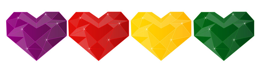 Crystal polygonal heart shape symbol, gem, shiny red ruby heart, purple amethyst, yellow golden sapphire and green emerald heart
