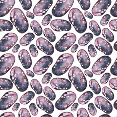 Seamless watercolor pattern. Colored stones on a white background. Textured stones with different textures and colors. Watercolor print with sea stones.