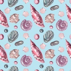 Seamless watercolor pattern. Shells of different shapes and colors. Marine fauna. Handmade graphics. Seashells and colored stones on a blue background.