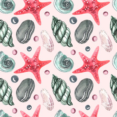 Seamless watercolor pattern. Print on a nautical theme. Marine animals and seashells on a pink background. Red starfish, rapa, snail, pebbles and colored stones.