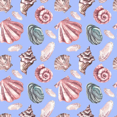 Seamless watercolor print. Pattern on the marine theme. Seashells on a blue background. Pebbles, rapa, scallop, snail and other shells. Colored seashells on a blue background.