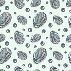 Seamless watercolor print. Pattern on the marine theme. Sea stones on a turquoise background. Sea pebbles with streaks.