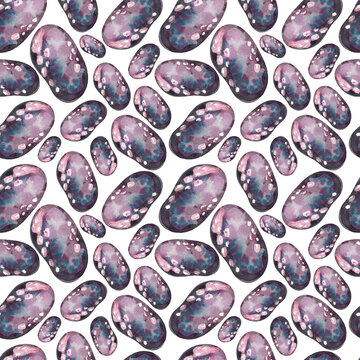 Seamless watercolor pattern. Colored stones on a white background. Textured stones with different textures and colors. Watercolor print with sea stones.