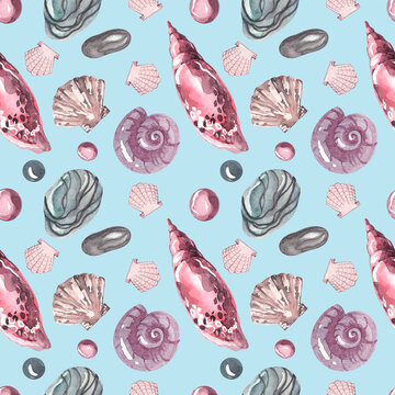 Seamless watercolor pattern. Shells of different shapes and colors. Marine fauna. Handmade graphics. Seashells and colored stones on a blue background.