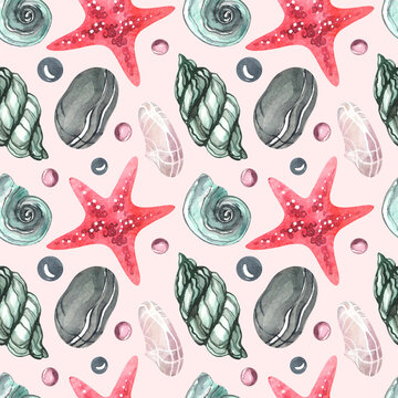 Seamless watercolor pattern. Print on a nautical theme. Marine animals and seashells on a pink background. Red starfish, rapa, snail, pebbles and colored stones.