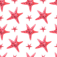 Seamless watercolor pattern. Red starfishes on a white background. Watercolor starfish. Handmade print. Marine pattern.