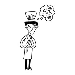 Small cook Cooking Fish, Cute Child Cooker Character Wearing White Hat and Apron dreaming about Delicious fish. Doodle Cartoon Style Vector Illustration in black and white.