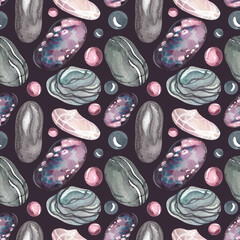Seamless watercolor pattern. Stones of different shapes and sizes. Textured stones with different textures and colors. Watercolor print with sea stones.