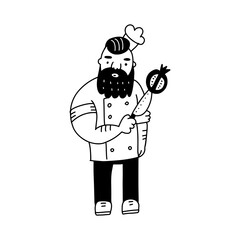 Brutal hand drawn bearded chief with knife and pomegranate. Cool doodle vactor illustration n black and white.
