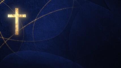 Golden Christian Cross on liturgic blue copy space banner background. 3D illustration for online worship live stream church sermon on Feast of Mary. Concept of the Feast of the Immaculate Conception.