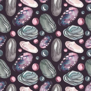 Seamless watercolor pattern. Stones of different shapes and sizes. Textured stones with different textures and colors. Watercolor print with sea stones.