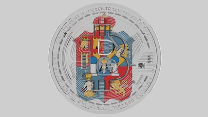Large transparent Glass Bitcoin in center and on top of the Flag of Tabasco