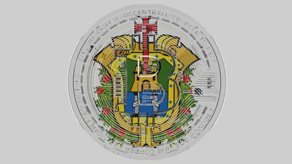 Large transparent Glass Bitcoin in center and on top of the Flag of Veracruz